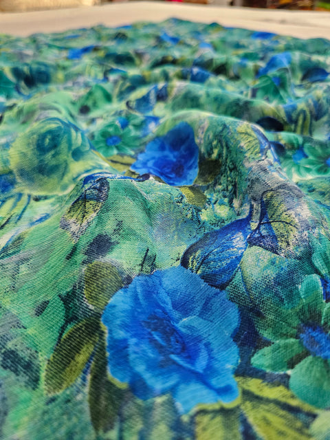 572002 Semi Chiffon Flower Print Saree - Blue