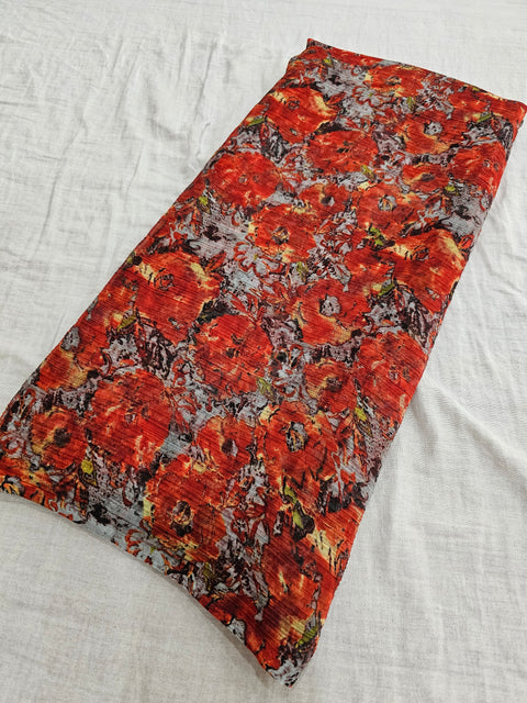 577005 Semi Chiffon Flower Print Saree - Red