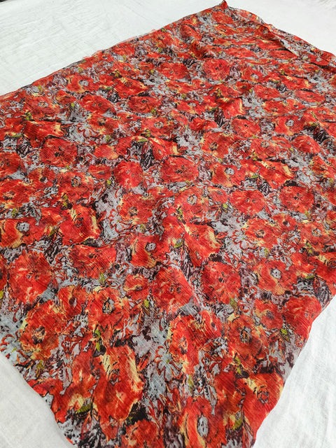 577005 Semi Chiffon Flower Print Saree - Red