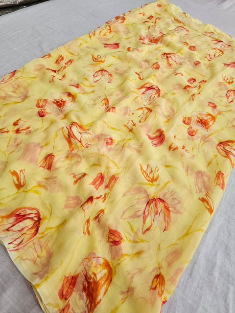577003 Semi Chiffon Flower Print Saree - Yellow