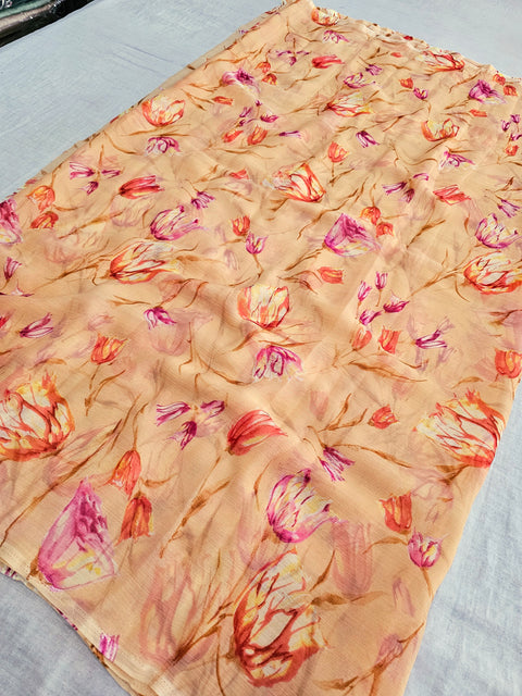 577003 Semi Chiffon Flower Print Saree - Peach