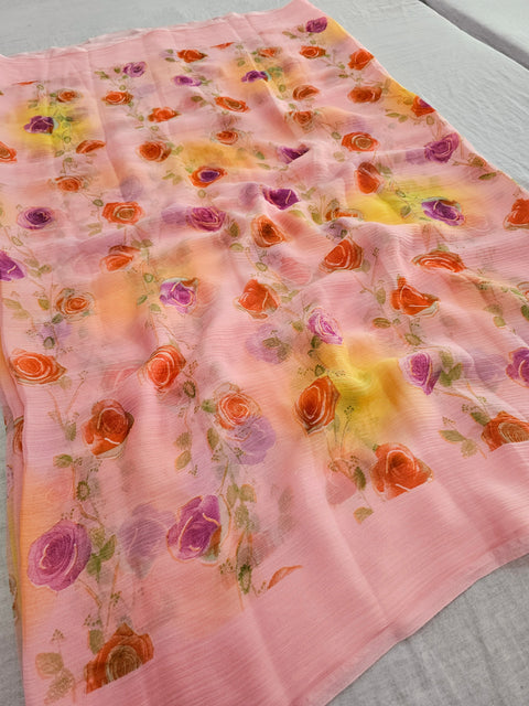 577006 Semi Chiffon Flower Print Saree - Pink