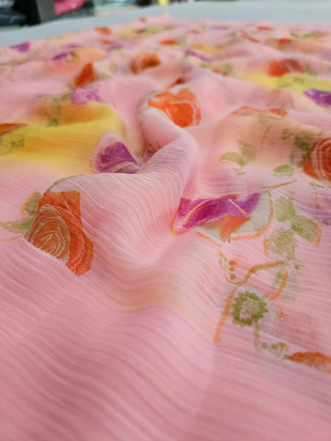 577006 Semi Chiffon Flower Print Saree - Pink
