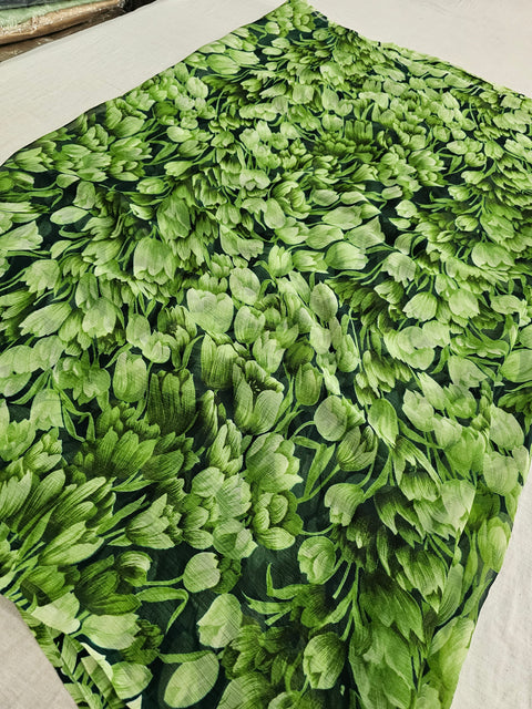 577001 Semi Chiffon Flower Print Saree - Green