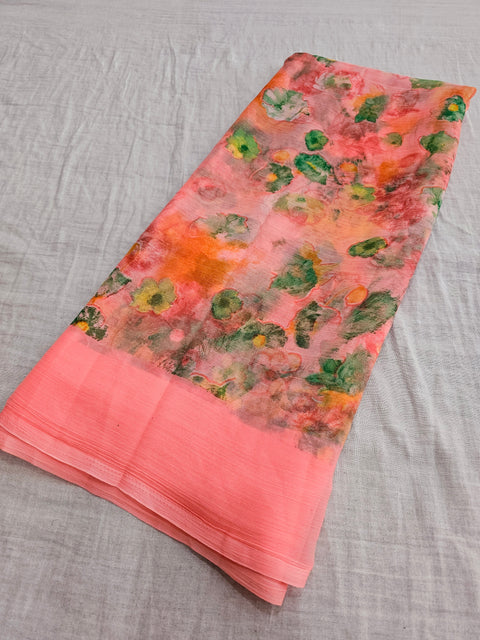 577002 Semi Chiffon Flower Print Saree - Pink