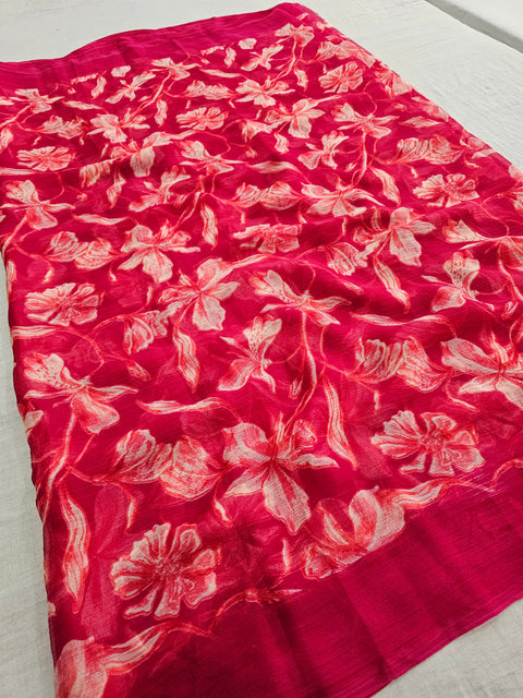 577008 Semi Chiffon Flower Print Saree - Rani
