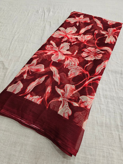 577008 Semi Chiffon Flower Print Saree - Maroon