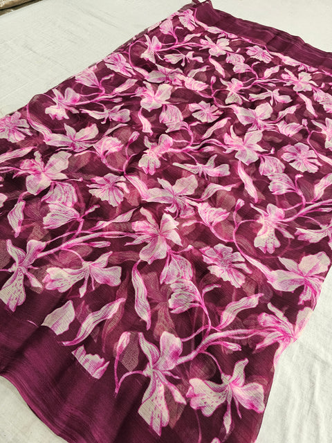 577008 Semi Chiffon Flower Print Saree - Wine