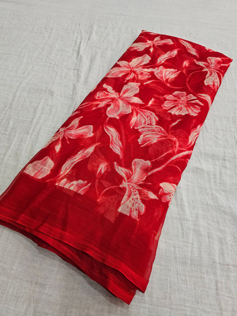 577008 Semi Chiffon Flower Print Saree - Red