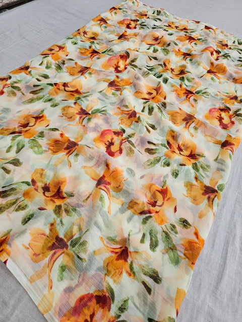 577007 Semi Chiffon Flower Print Saree - Orange