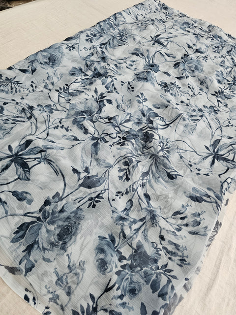 577009 Semi Chiffon Flower Print Saree - gray