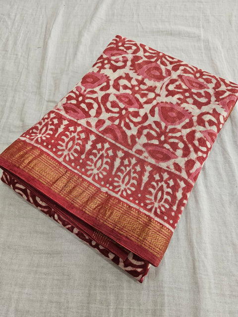 578003 Pure Maheshwari Cotton Silk  Handblocked Printed Saree