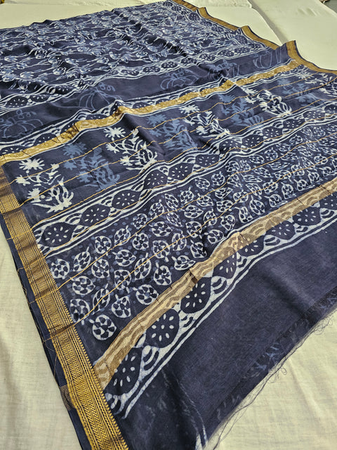 578008 Pure Maheshwari Cotton Silk  Handblocked Printed Saree