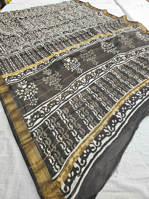 578010 Pure Maheshwari Cotton Silk  Handblocked Printed Saree