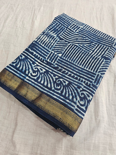 578004 Pure Maheshwari Cotton Silk  Handblocked Printed Saree