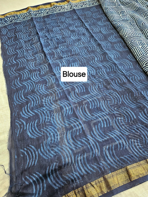 578004 Pure Maheshwari Cotton Silk  Handblocked Printed Saree