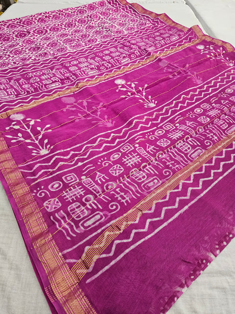 578005 Pure Maheshwari Cotton Silk  Handblocked Printed Saree