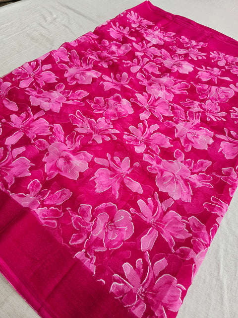 582003 Heavy Chiffon Flower Print Saree - PINK