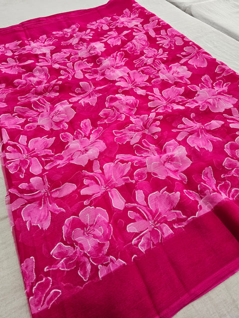 582003 Heavy Chiffon Flower Print Saree - PINK