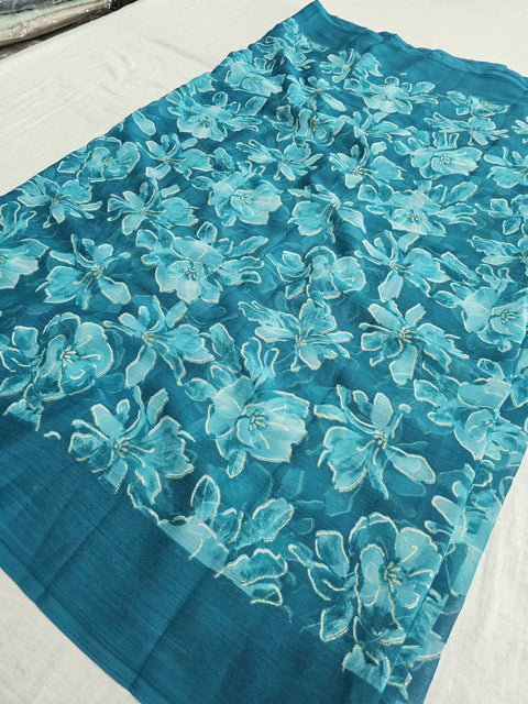 582003 Heavy Chiffon Flower Print Saree - T. BLUE