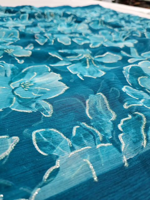 582003 Heavy Chiffon Flower Print Saree - T. BLUE