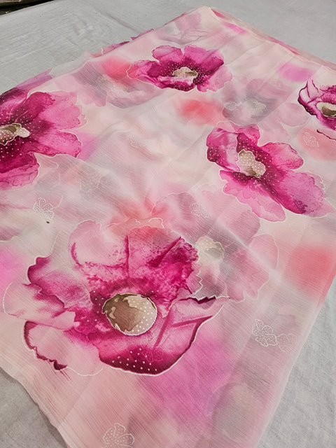 582004 Heavy Chiffon Flower Print Saree - PINK