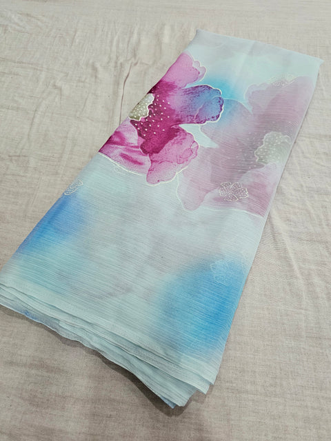 582004 Heavy Chiffon Flower Print Saree - BLUE