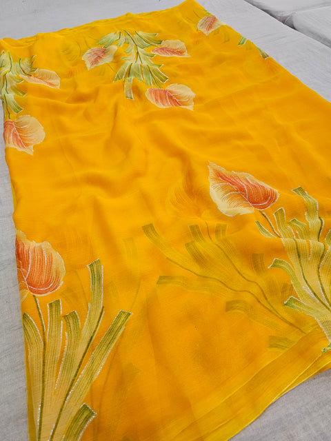 582005 Heavy Chiffon Flower Print Saree - YELLOW