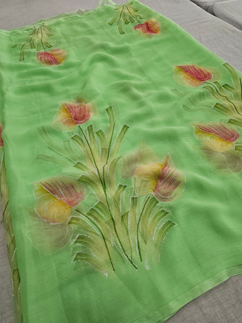 582005 Heavy Chiffon Flower Print Saree - LIGHT GREEN