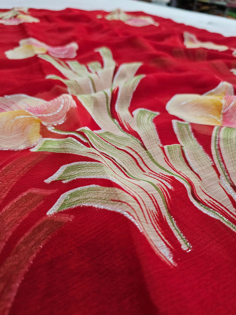 582005 Heavy Chiffon Flower Print Saree - RED