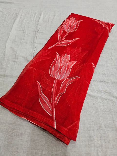582007 Heavy Chiffon Flower Print Saree - Red