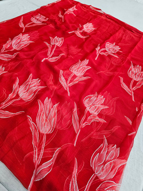 582007 Heavy Chiffon Flower Print Saree - Red