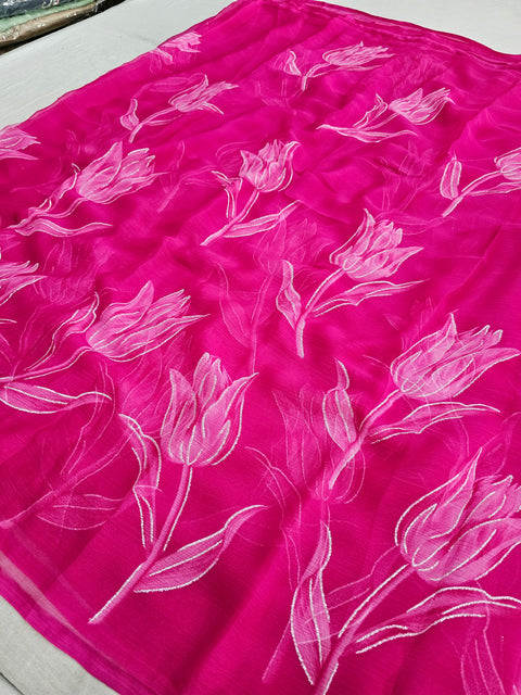 582007 Heavy Chiffon Flower Print Saree -  PINK