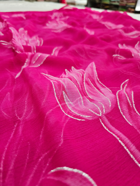582007 Heavy Chiffon Flower Print Saree -  PINK