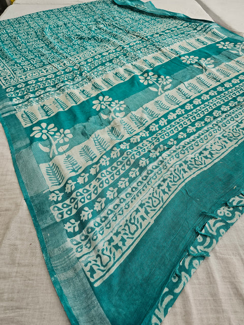 583005 Pure Linen Cotton Handblocked Printed Saree
