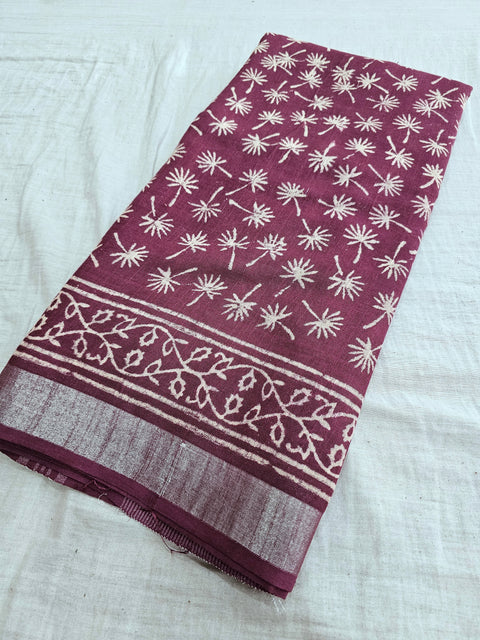 583006 Pure Linen Cotton Handblocked Printed Saree