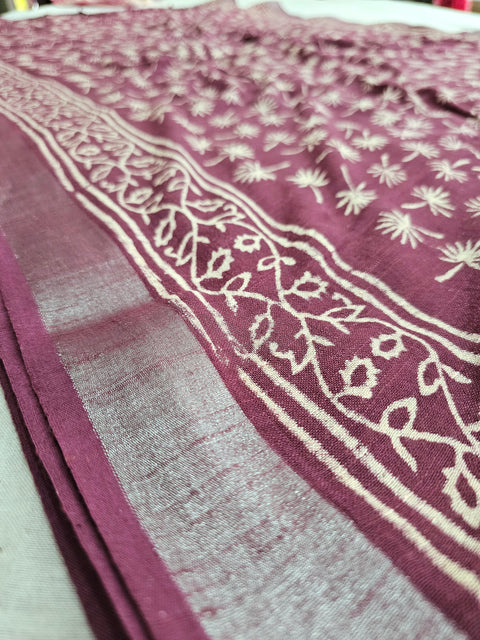 583006 Pure Linen Cotton Handblocked Printed Saree