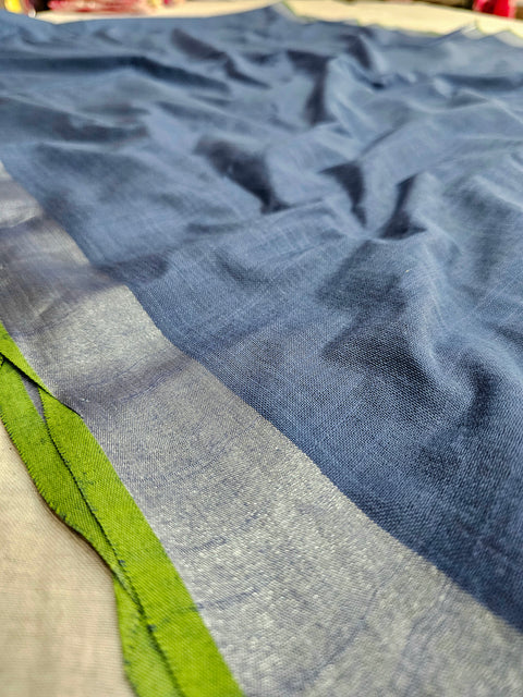 583007 Soft Linen Saree with White Zari and Contrast Blouse - Blue Green