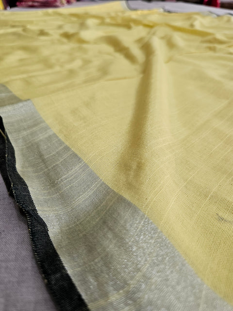 583007 Soft Linen Saree with White Zari and Contrast Blouse - Yellow Black