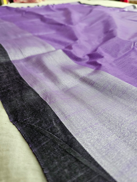583007 Soft Linen Saree with White Zari and Contrast Blouse - Purple Black