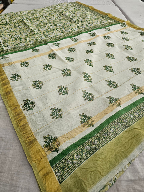 584009 Pure Maheshwari Cotton Silk  Handblocked Printed Saree