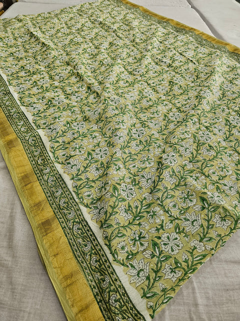 584009 Pure Maheshwari Cotton Silk  Handblocked Printed Saree