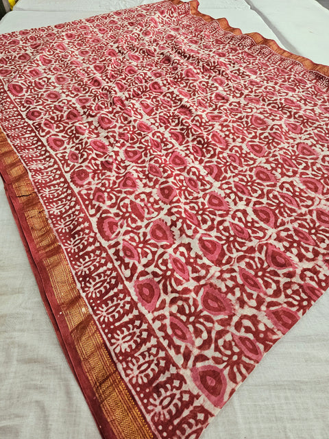 584005 Pure Maheshwari Cotton Silk  Handblocked Printed Saree