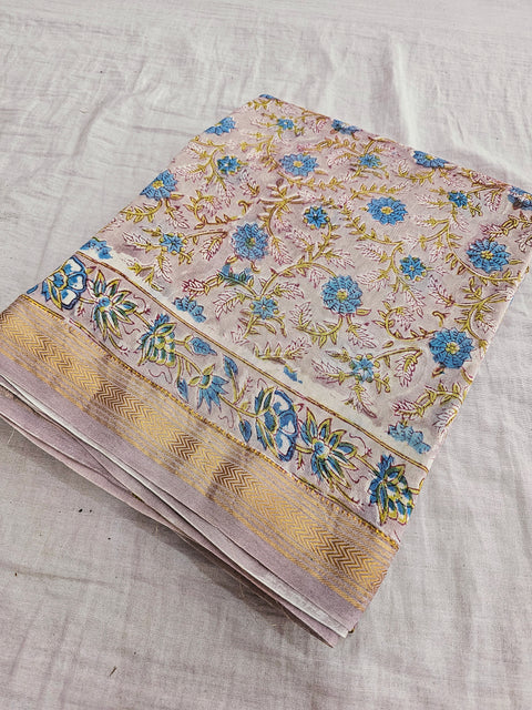 584007 Pure Maheshwari Cotton Silk  Handblocked Printed Saree