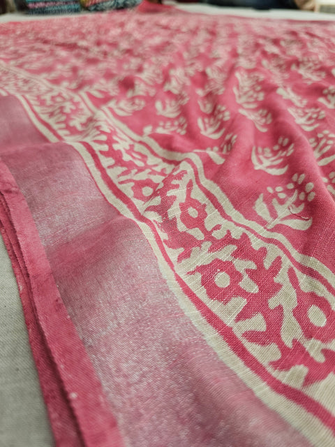592001 Pure Linen Cotton Handblocked Printed Saree