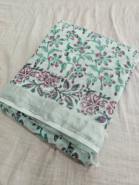 592005 Pure Linen Cotton Handblocked Printed Saree