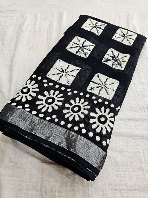 592002 Pure Linen Cotton Handblocked Printed Saree