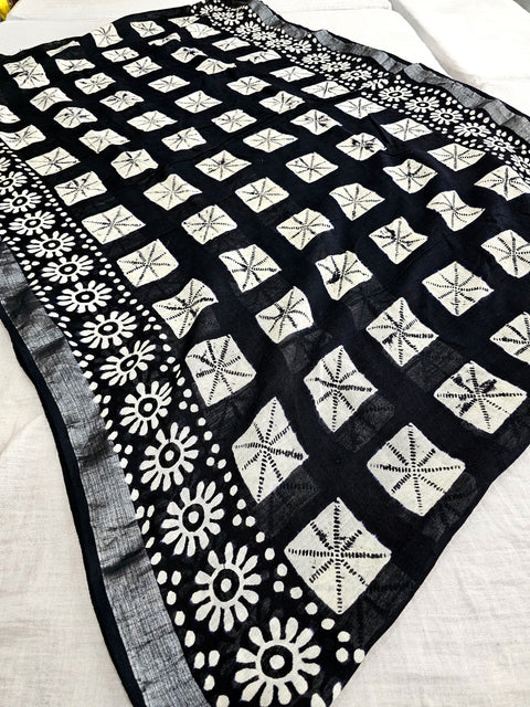 592002 Pure Linen Cotton Handblocked Printed Saree