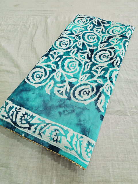 593007 Pure Soft Cotton Batik Printed Saree - teal green
