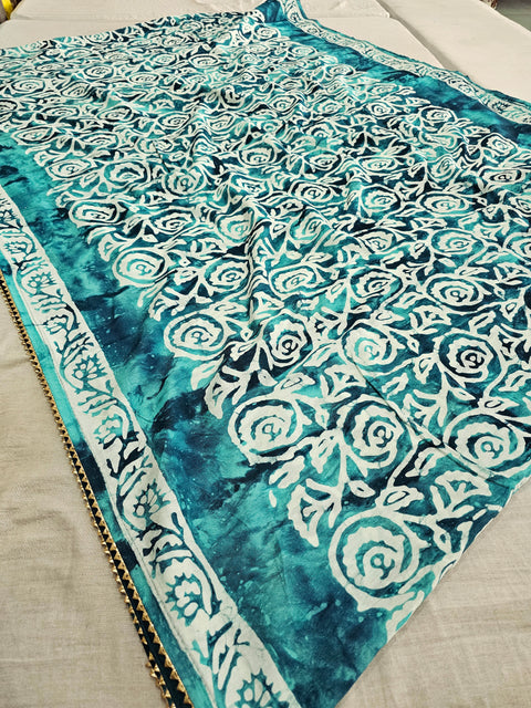 593007 Pure Soft Cotton Batik Printed Saree - teal green